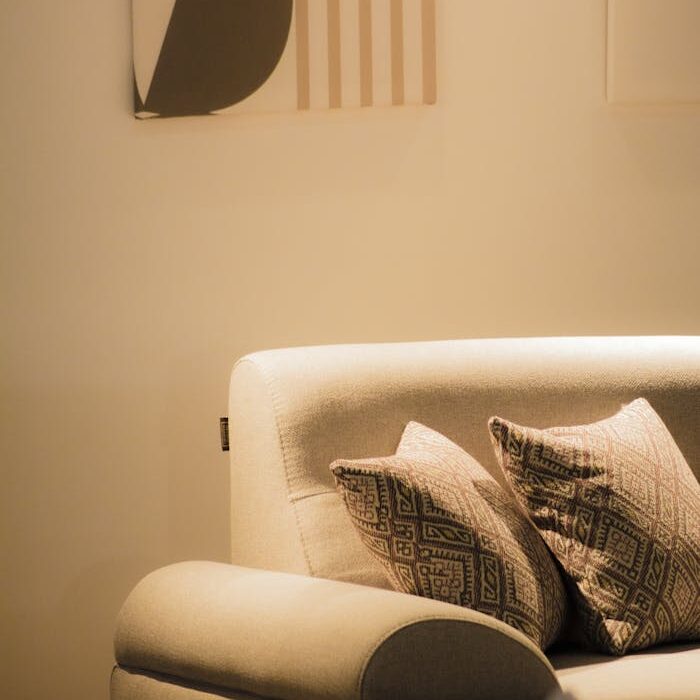 Stylishly decorated sofa with modern cushions and abstract wall art.