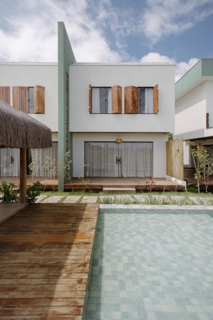 Contemporary architecture featuring a pool and patio in Bahia, Brazil. Ideal vacation spot.